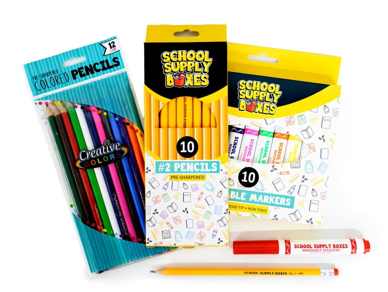 School Supply Boxes Back to School Supply Box Grades K-5 - School Supply Boxes - 32 Piece School Supplies Kit Includes Markers, Crayons, Pencils, Scissors, Folders, Glue Sticks, Notebook, and Composition Book - Image 4